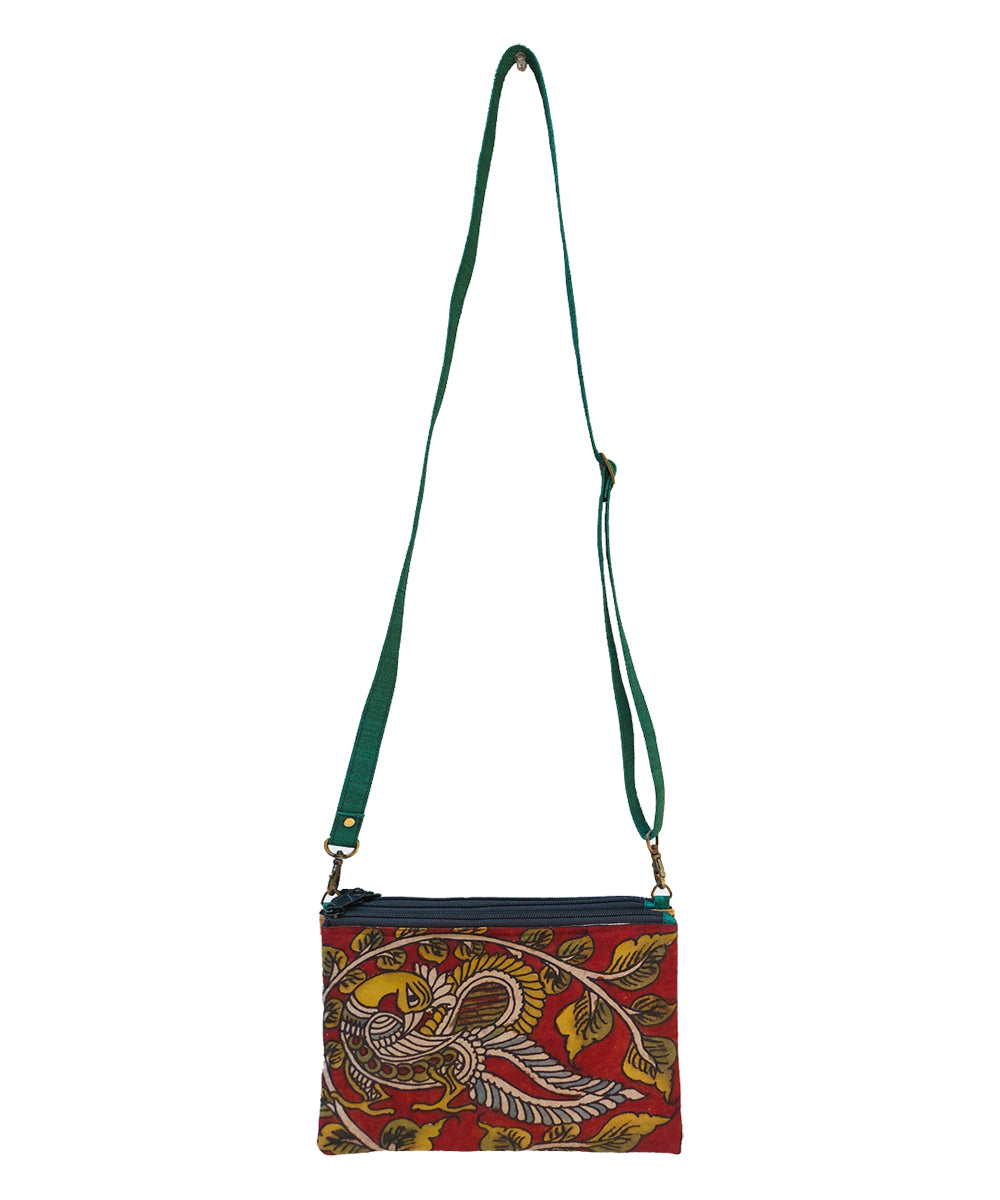 Red hand painted ghicha silk cotton kalamkari sling bag