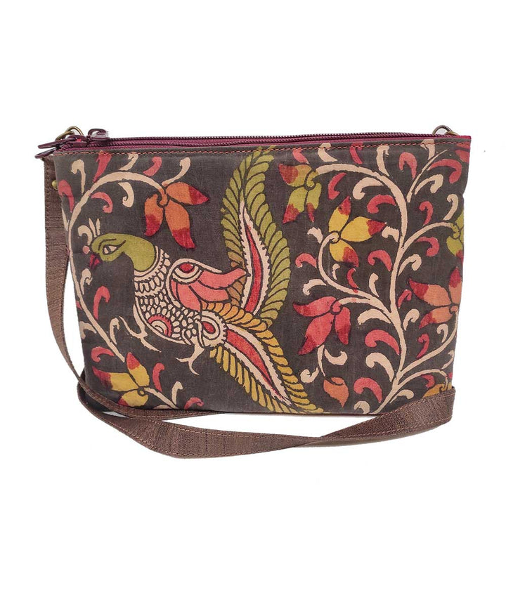 Brown handpainted ghicha silk cotton kalamkari sling bag