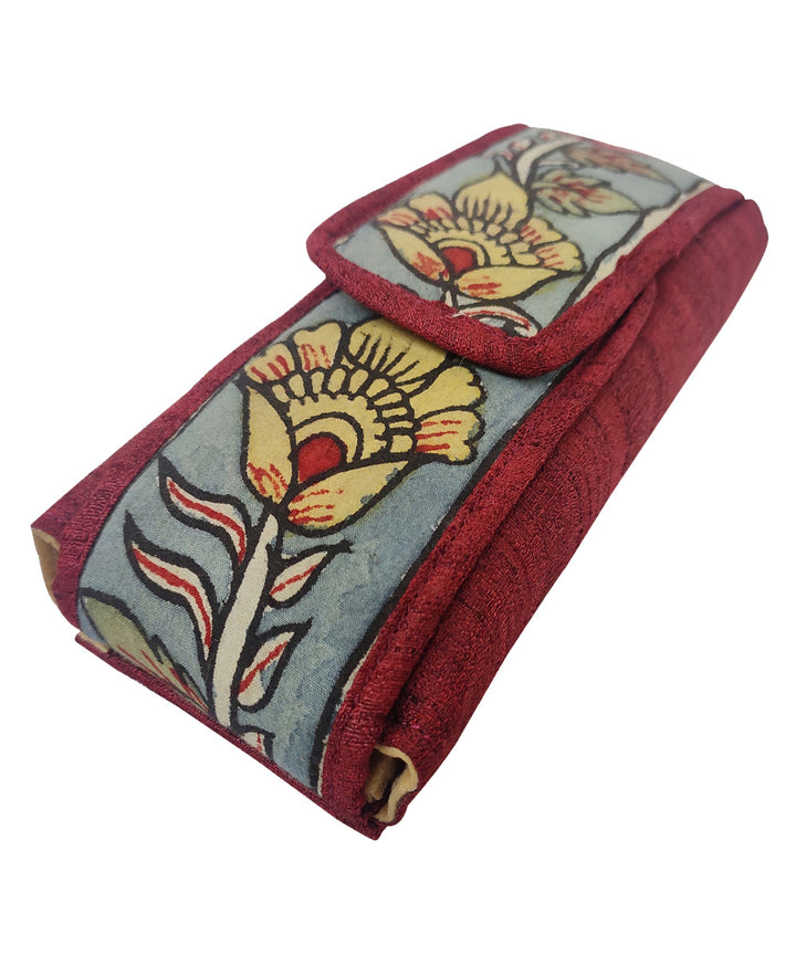 Maroon hand painted kalamkari ghicha silk cotton cosmetic pouch