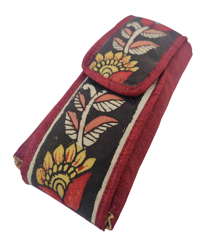 Red hand painted kalamkari ghicha silk cotton cosmetic pouch