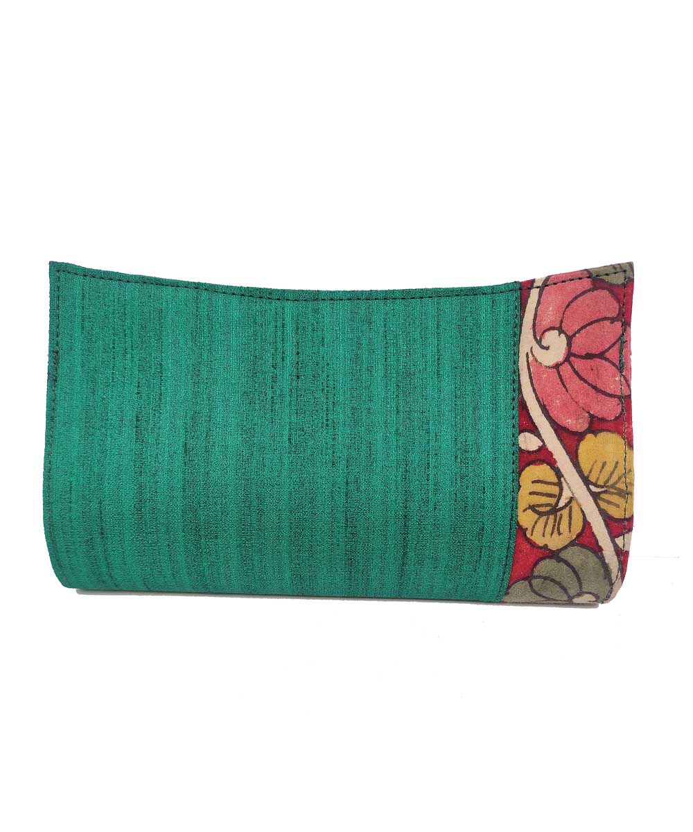 Green handcrafted kalamkari ghicha silk cotton clutch