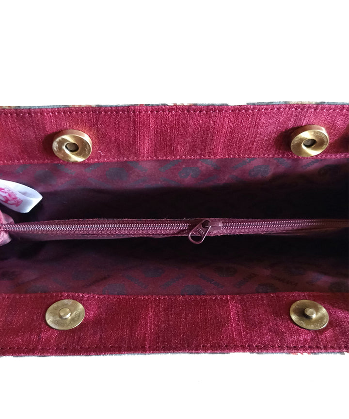 Red hand painted ghicha silk cotton kalamkari clutch