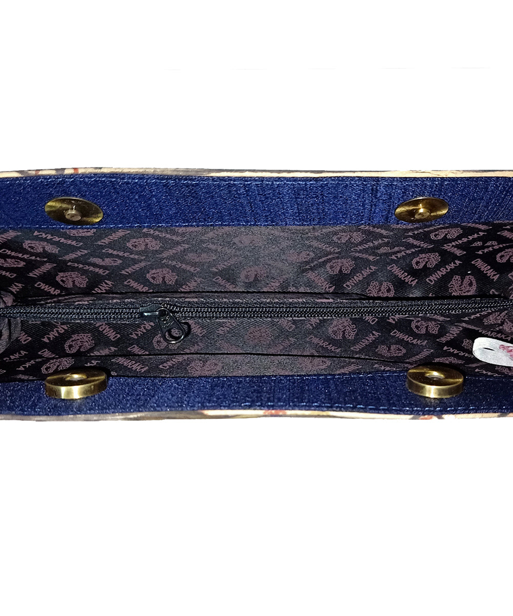 Blue hand painted ghicha silk cotton kalamkari clutch