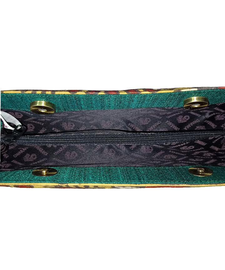 Green hand painted ghicha silk cotton kalamkari clutch
