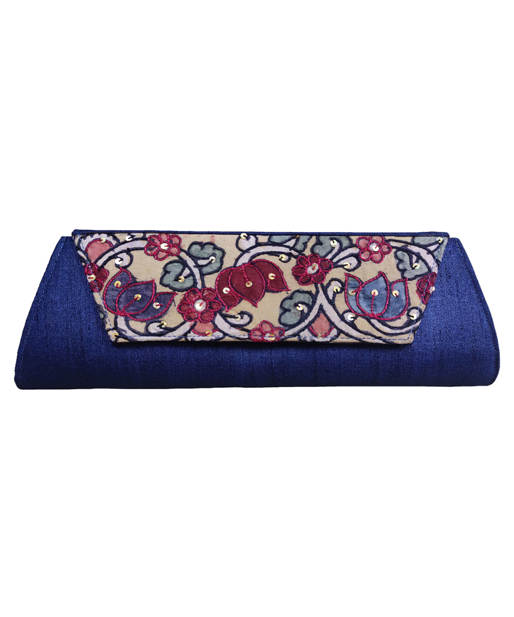 Dark blue hand painted ghicha silk cotton kalamakari clutch
