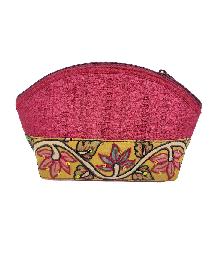 Red handcrafted ghicha silk cotton kalamkari cosmetic pouch