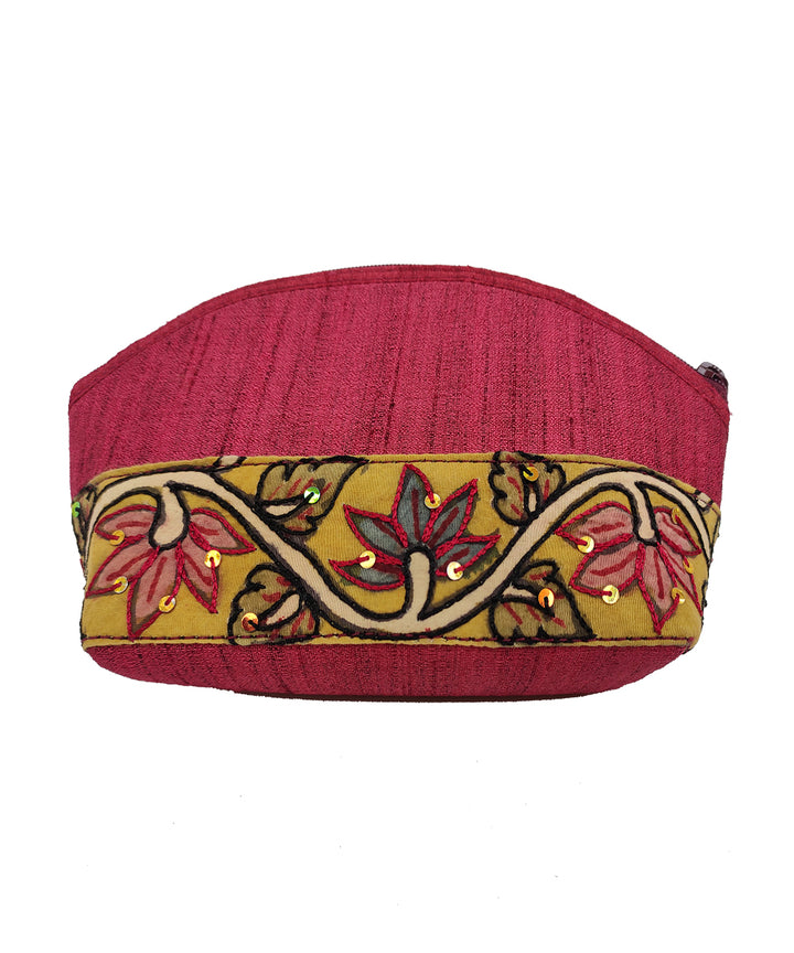 Red handcrafted ghicha silk cotton kalamkari cosmetic pouch