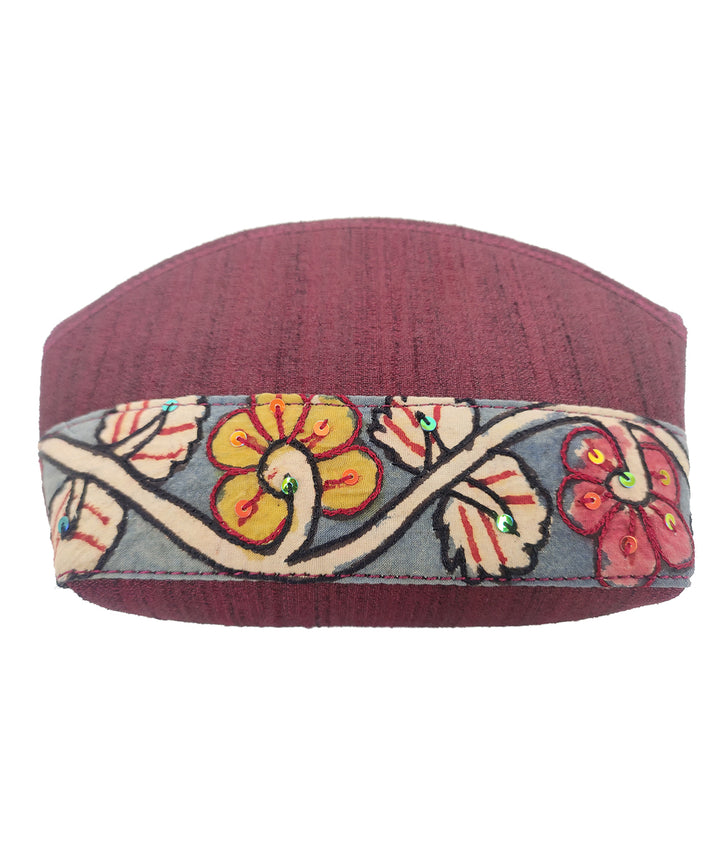 Maroon handcrafted kalamkari ghicha silk cotton cosmetic pouch