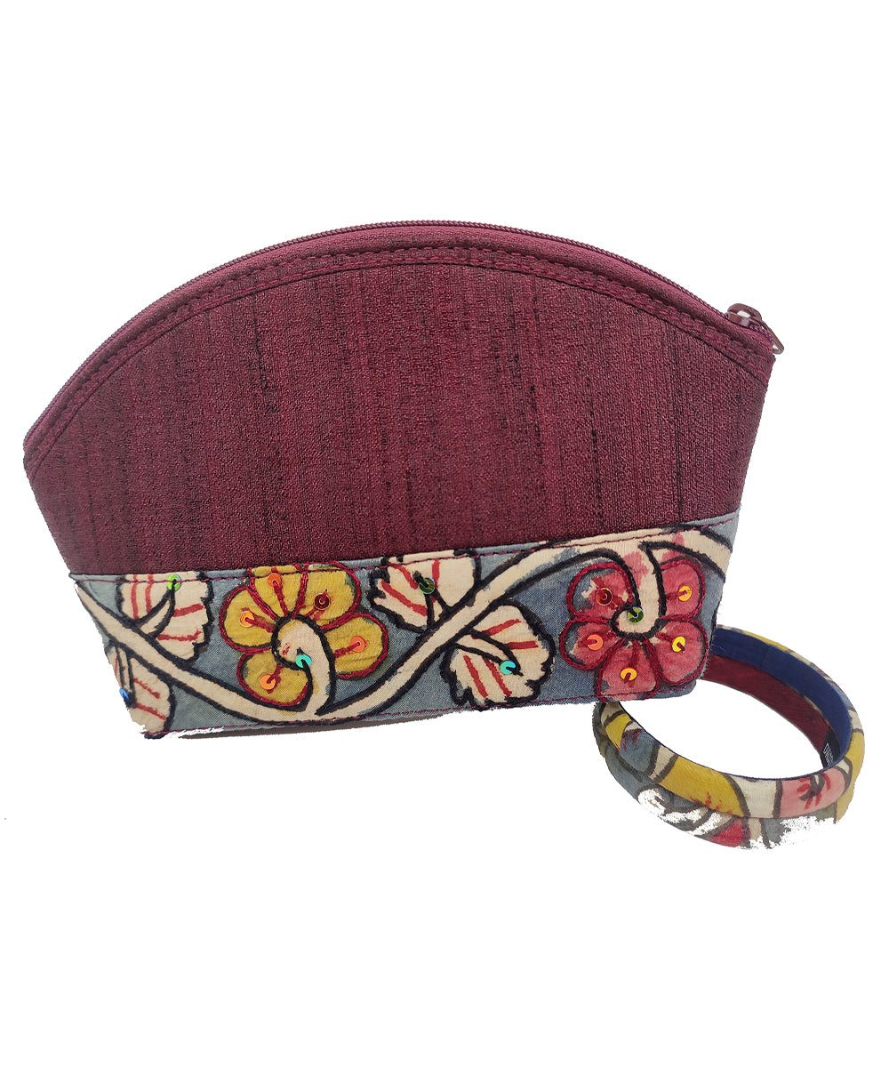 Maroon handcrafted kalamkari ghicha silk cotton cosmetic pouch