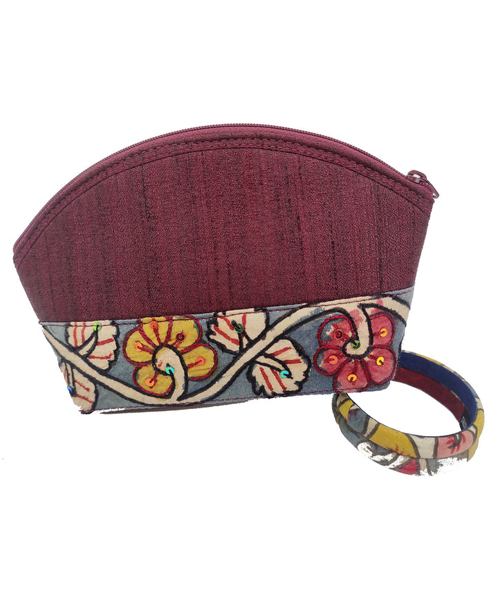 Maroon handcrafted kalamkari ghicha silk cotton cosmetic pouch
