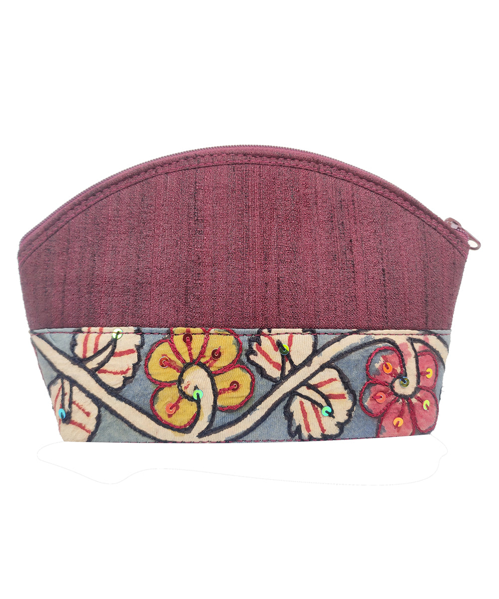 Maroon handcrafted kalamkari ghicha silk cotton cosmetic pouch