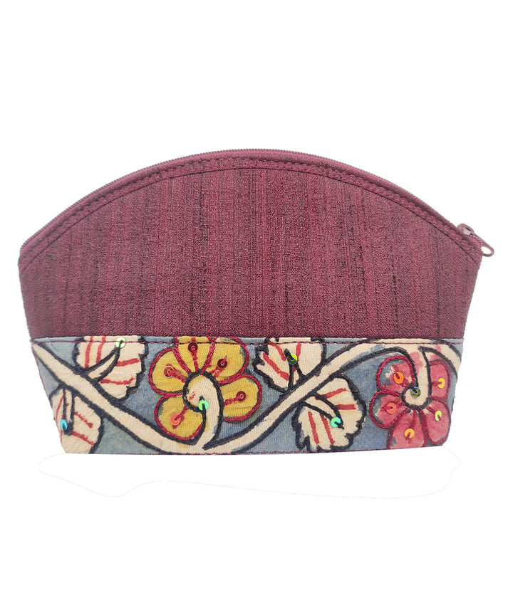 Maroon handcrafted kalamkari ghicha silk cotton cosmetic pouch