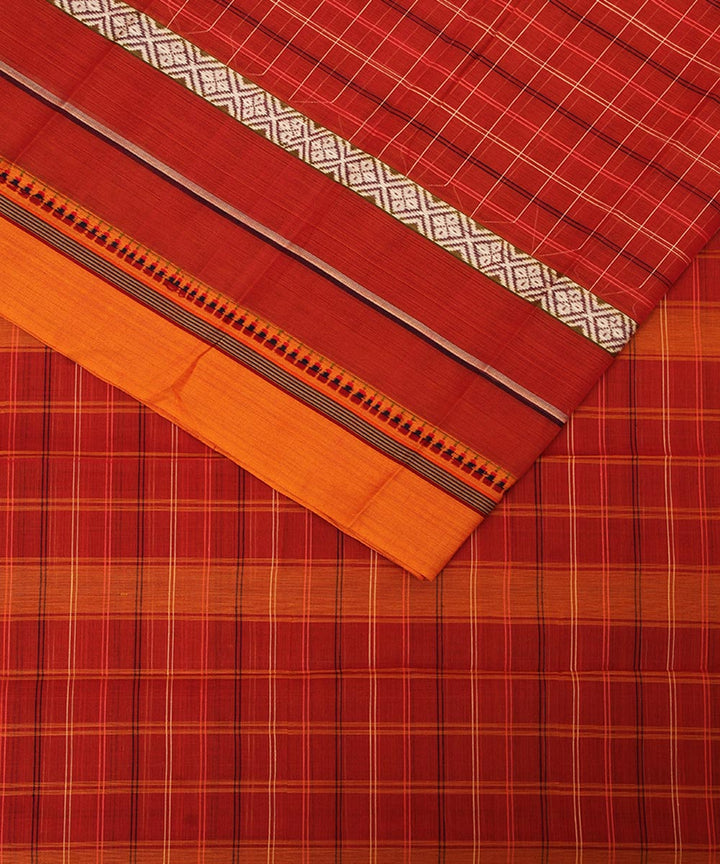 Maroon orange checks cotton handwoven narayanapet saree
