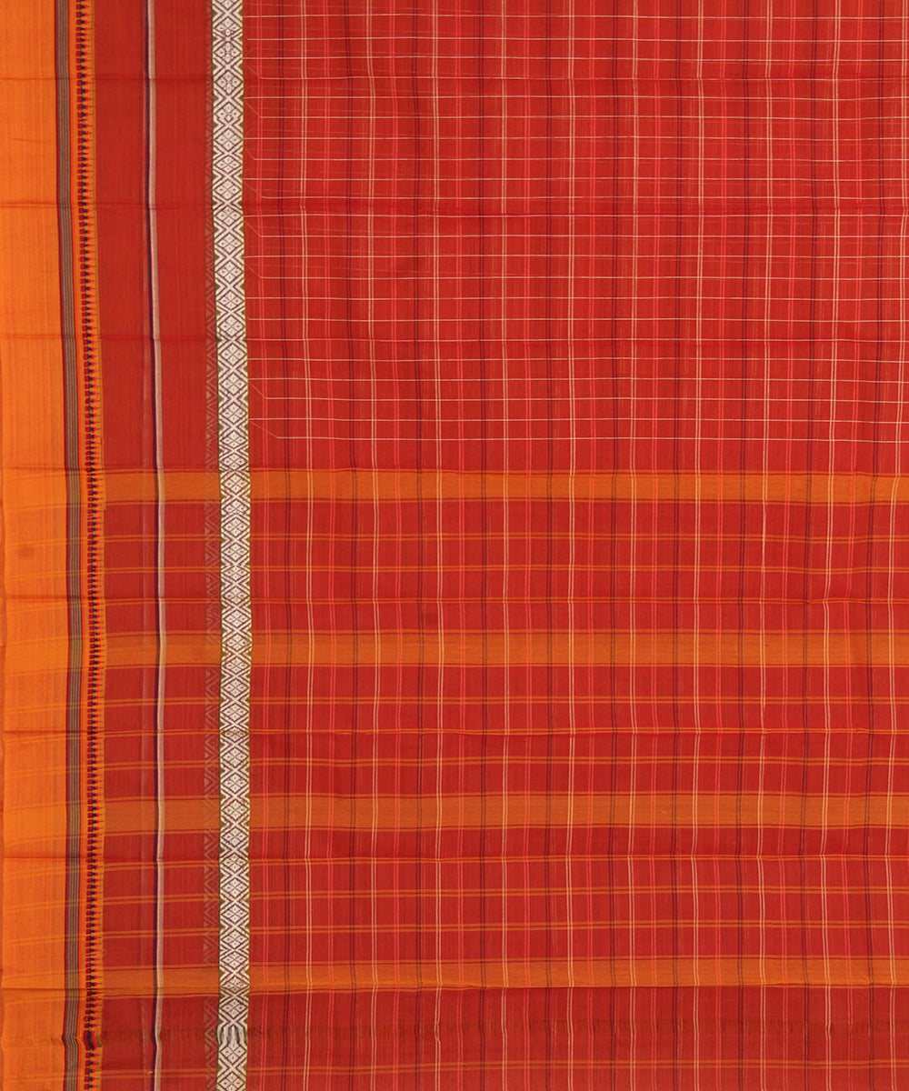 Maroon orange checks cotton handwoven narayanapet saree