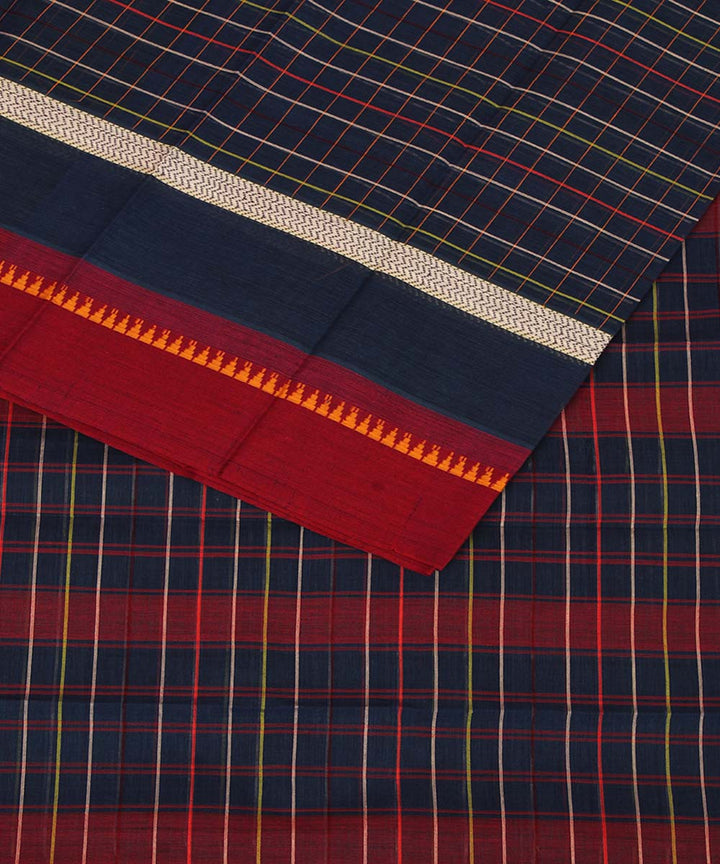 Navy blue maroon checks cotton handwoven narayanapet saree