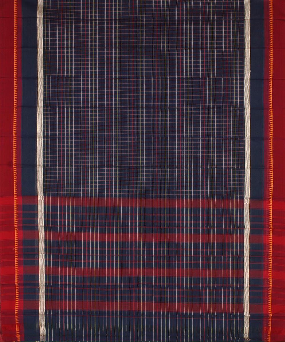 Navy blue maroon checks cotton handwoven narayanapet saree
