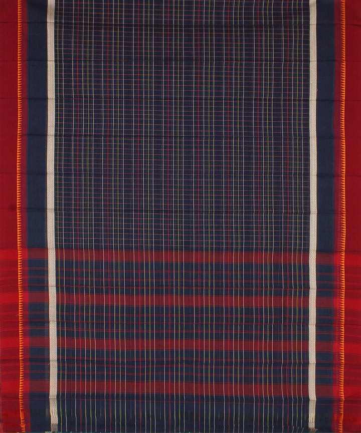 Navy blue maroon checks cotton handwoven narayanapet saree