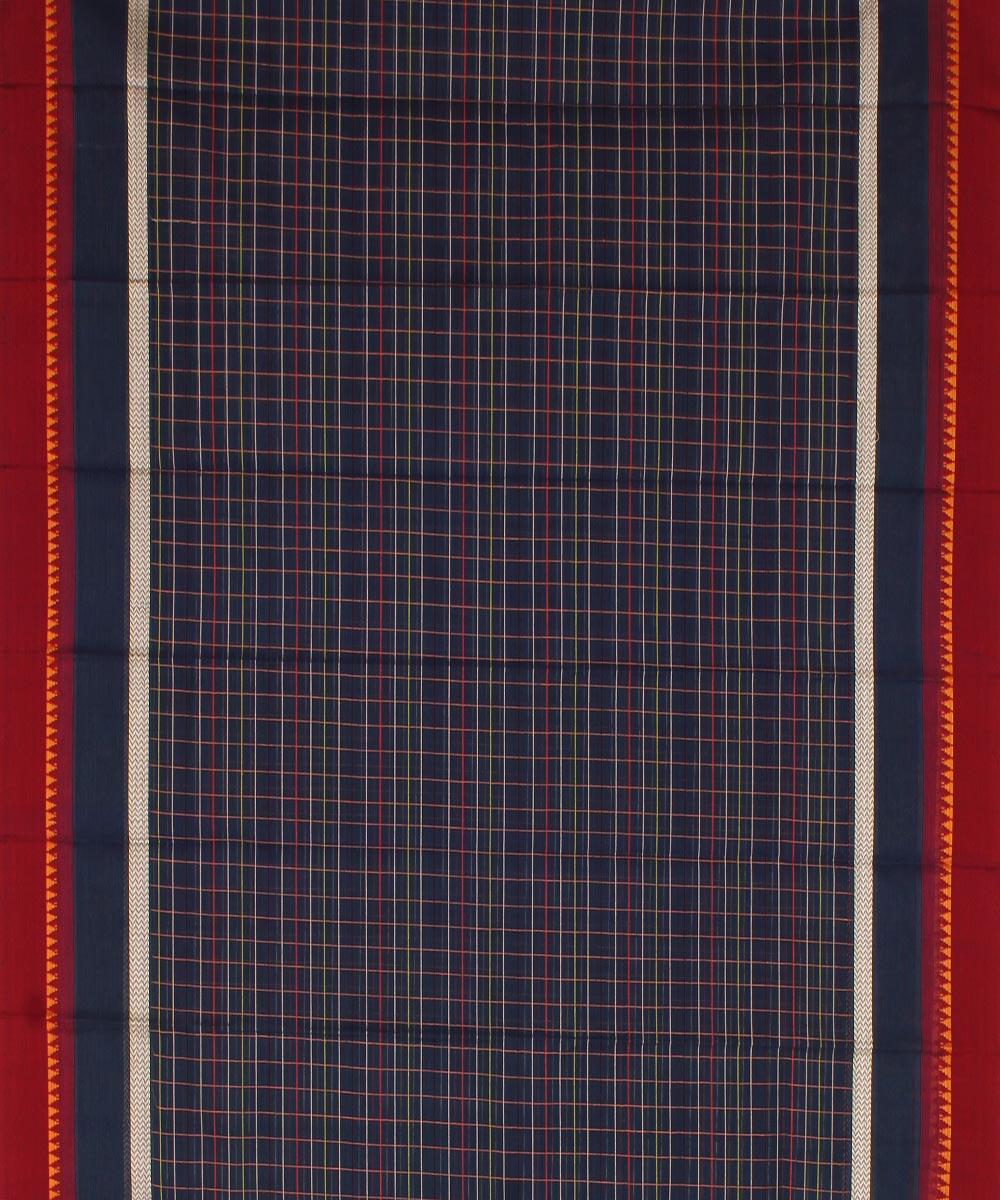 Navy blue maroon checks cotton handwoven narayanapet saree