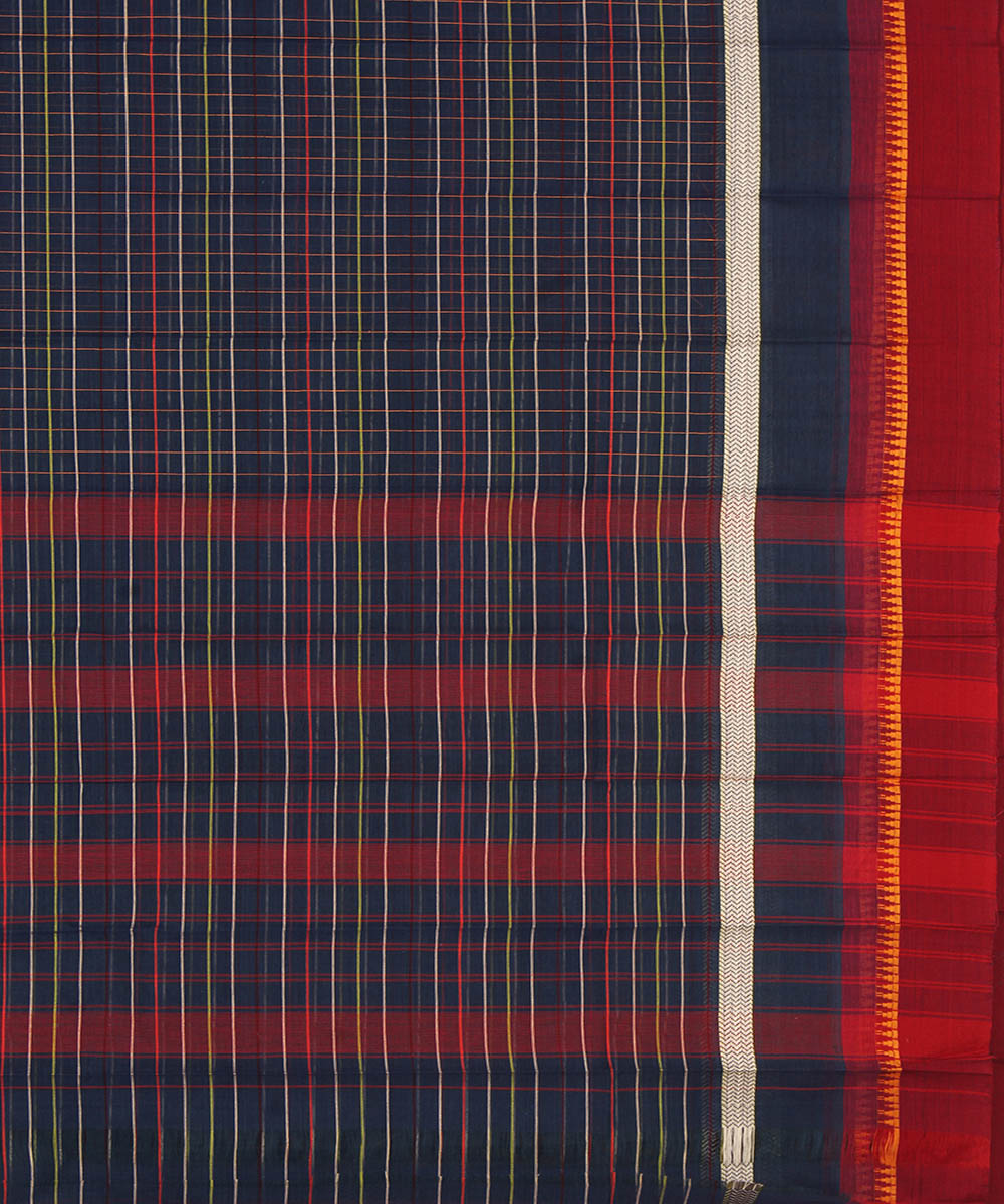 Navy blue maroon checks cotton handwoven narayanapet saree