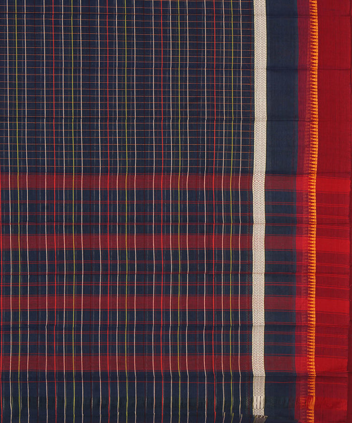 Navy blue maroon checks cotton handwoven narayanapet saree