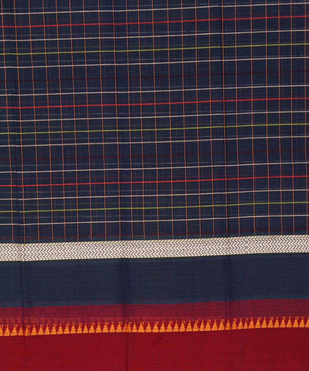 Navy blue maroon checks cotton handwoven narayanapet saree