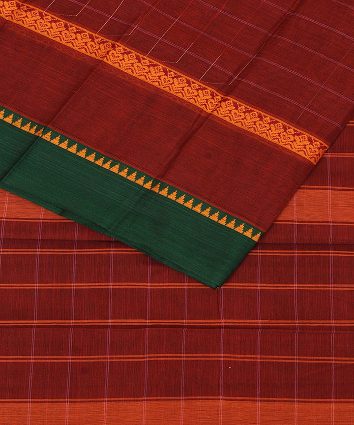 Red brown and green cotton handwoven narayanapet saree