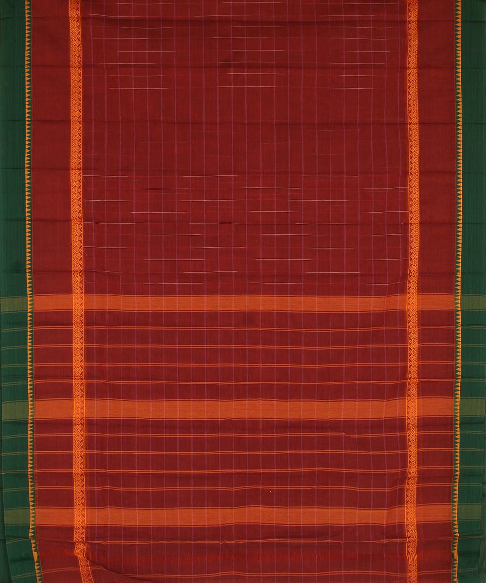 Red brown and green cotton handwoven narayanapet saree