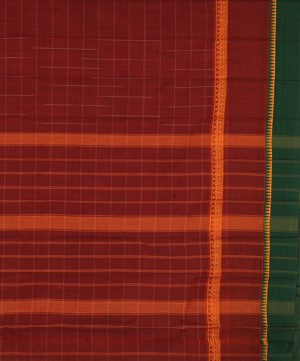 Red brown and green cotton handwoven narayanapet saree