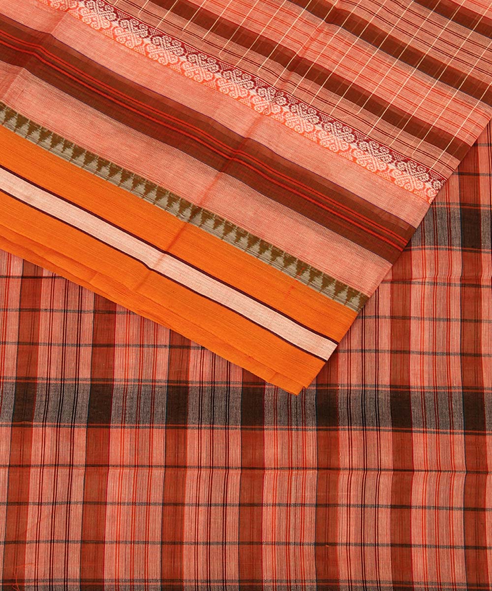 Peach and brown checks cotton handwoven narayanapet saree