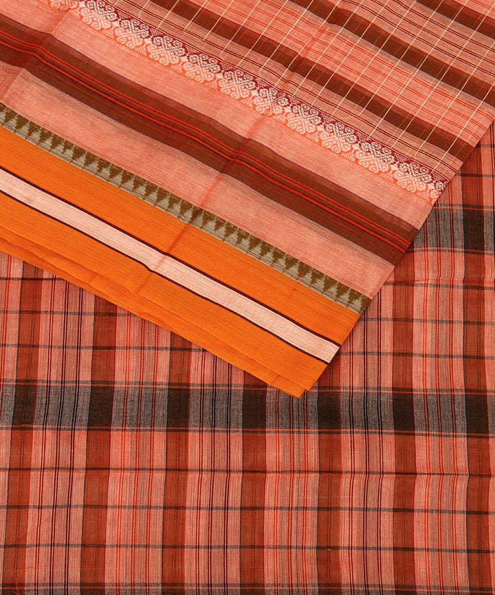 Peach and brown checks cotton handwoven narayanapet saree
