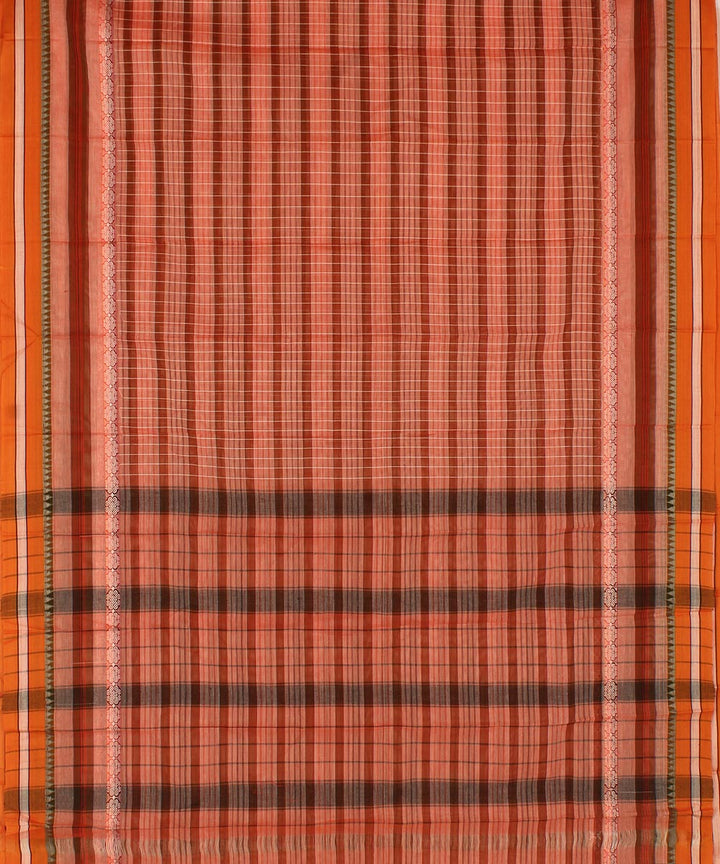 Peach and brown checks cotton handwoven narayanapet saree