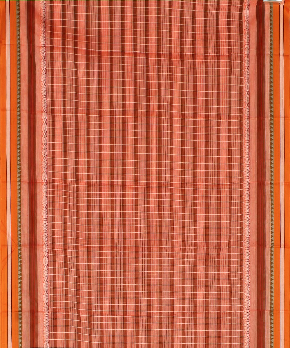 Peach and brown checks cotton handwoven narayanapet saree