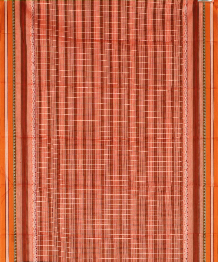 Peach and brown checks cotton handwoven narayanapet saree