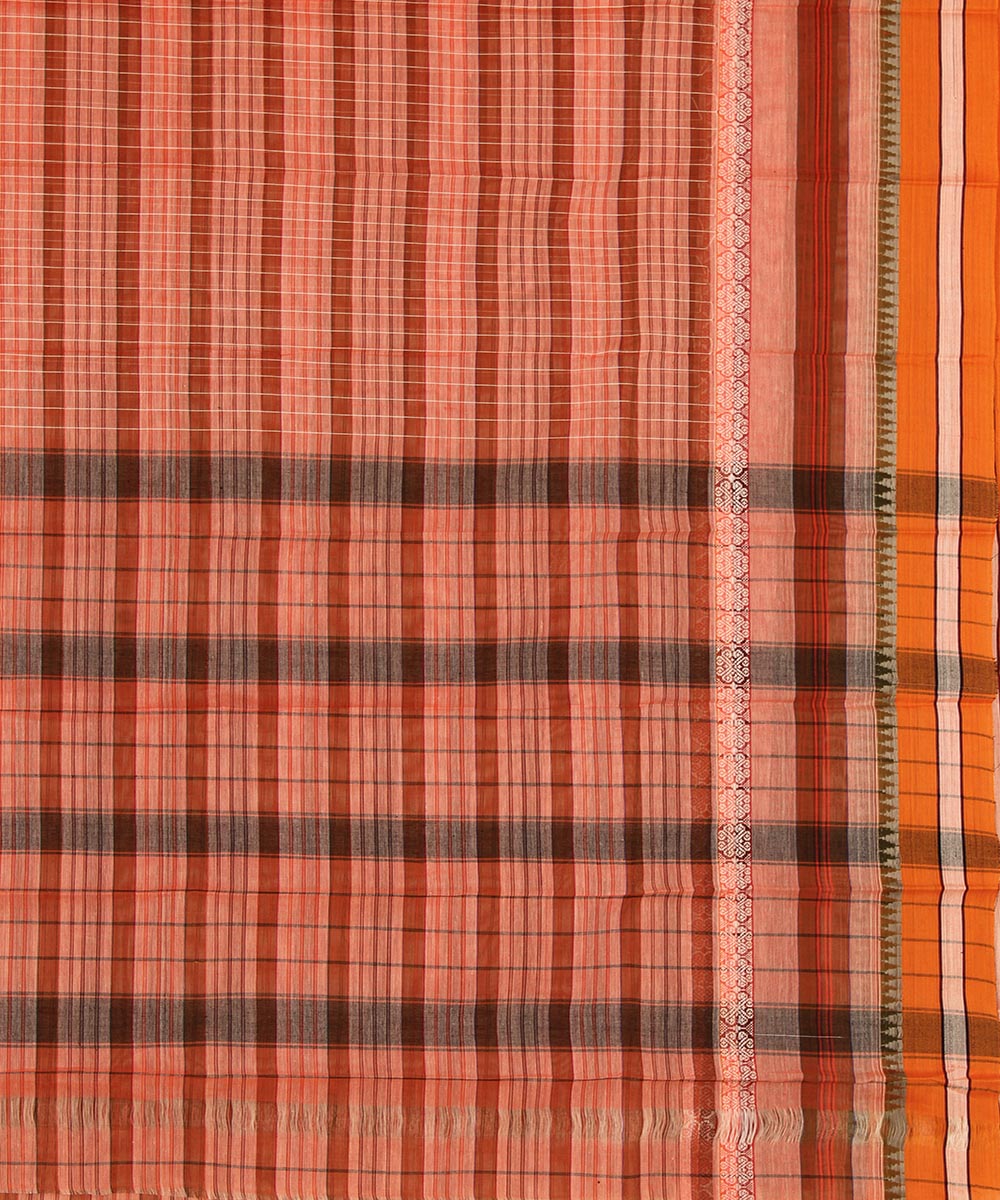 Peach and brown checks cotton handwoven narayanapet saree
