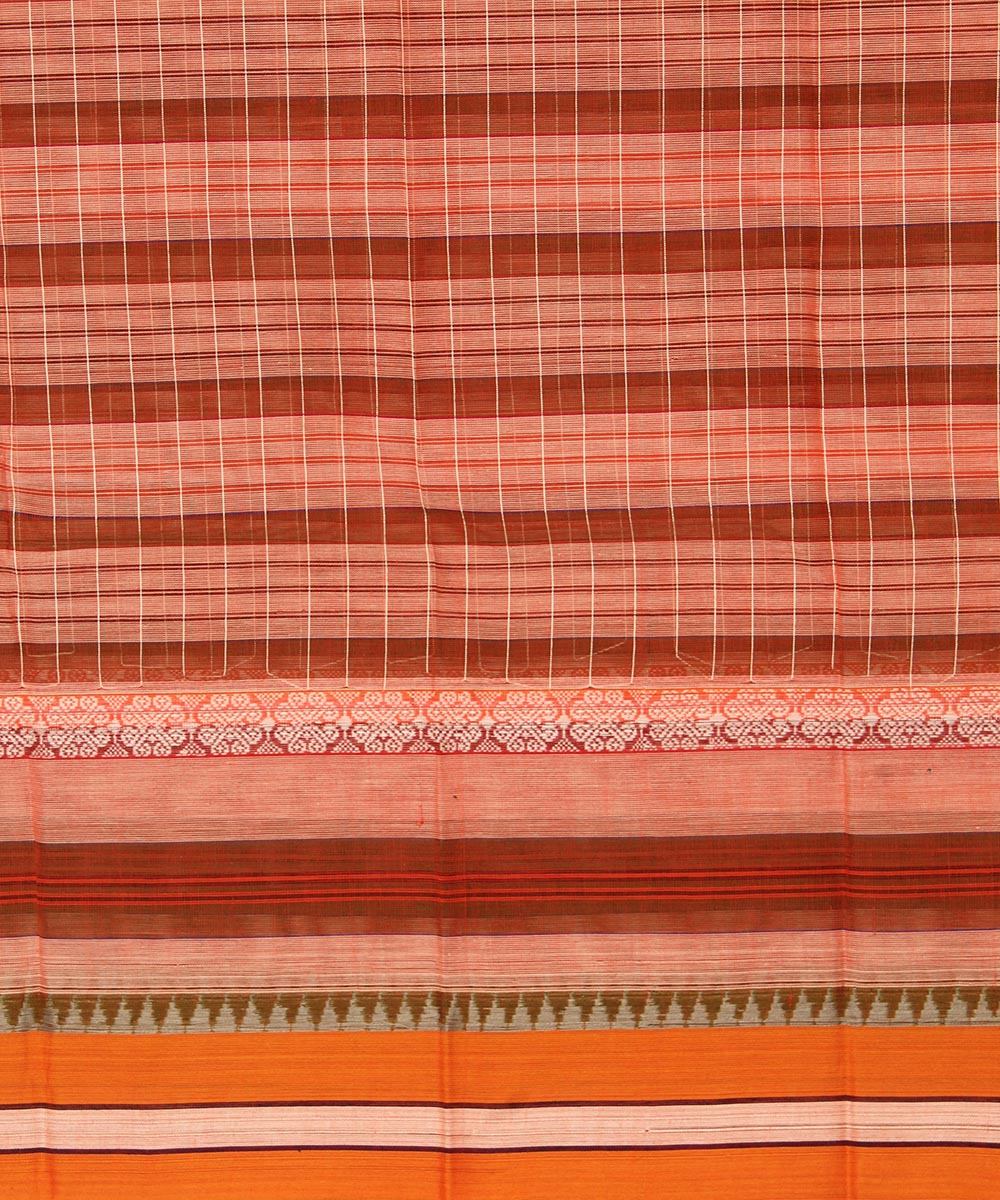 Peach and brown checks cotton handwoven narayanapet saree