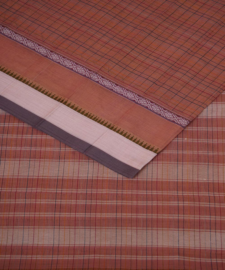 Peach orange checks cotton handwoven narayanapet saree