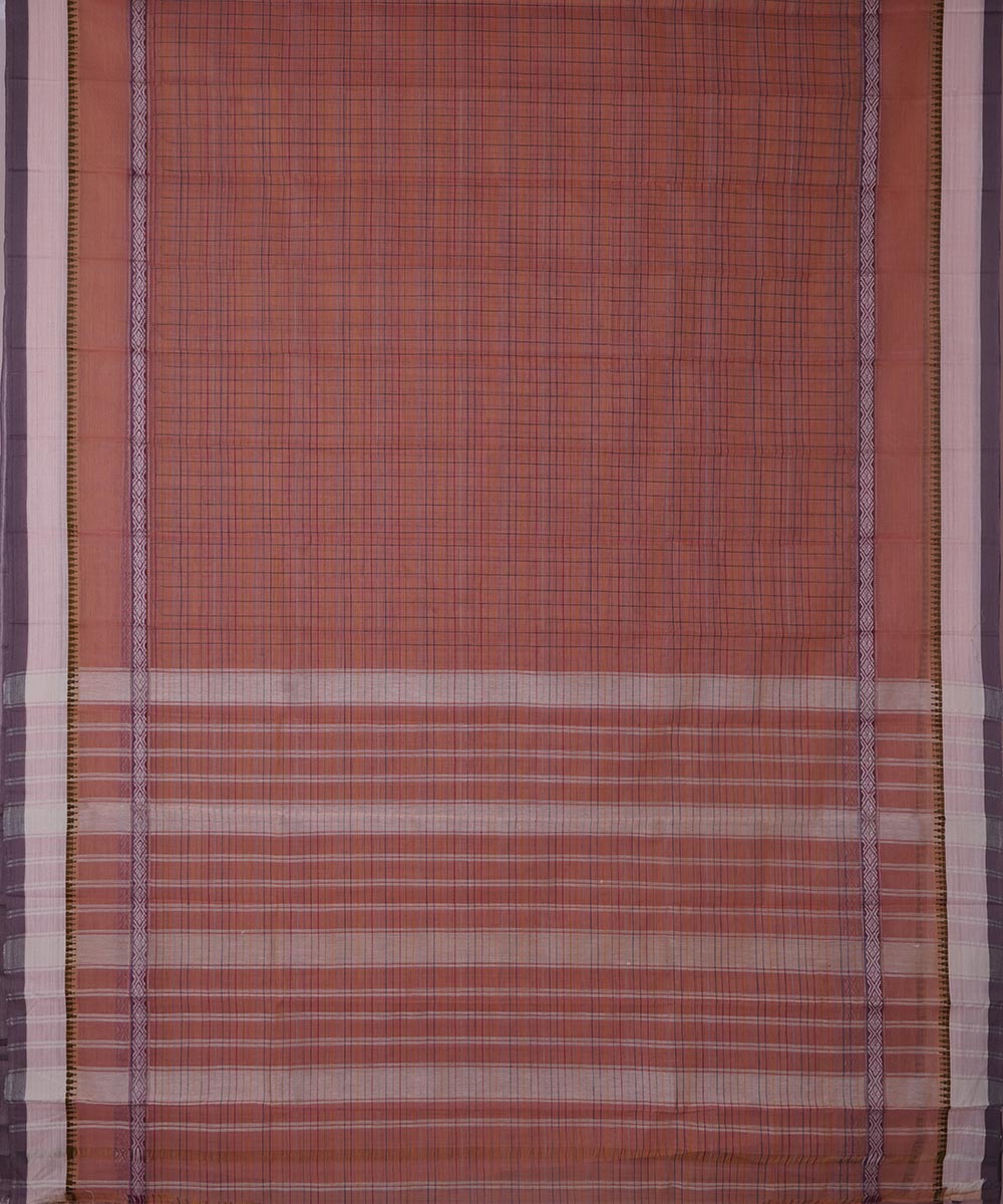 Peach orange checks cotton handwoven narayanapet saree