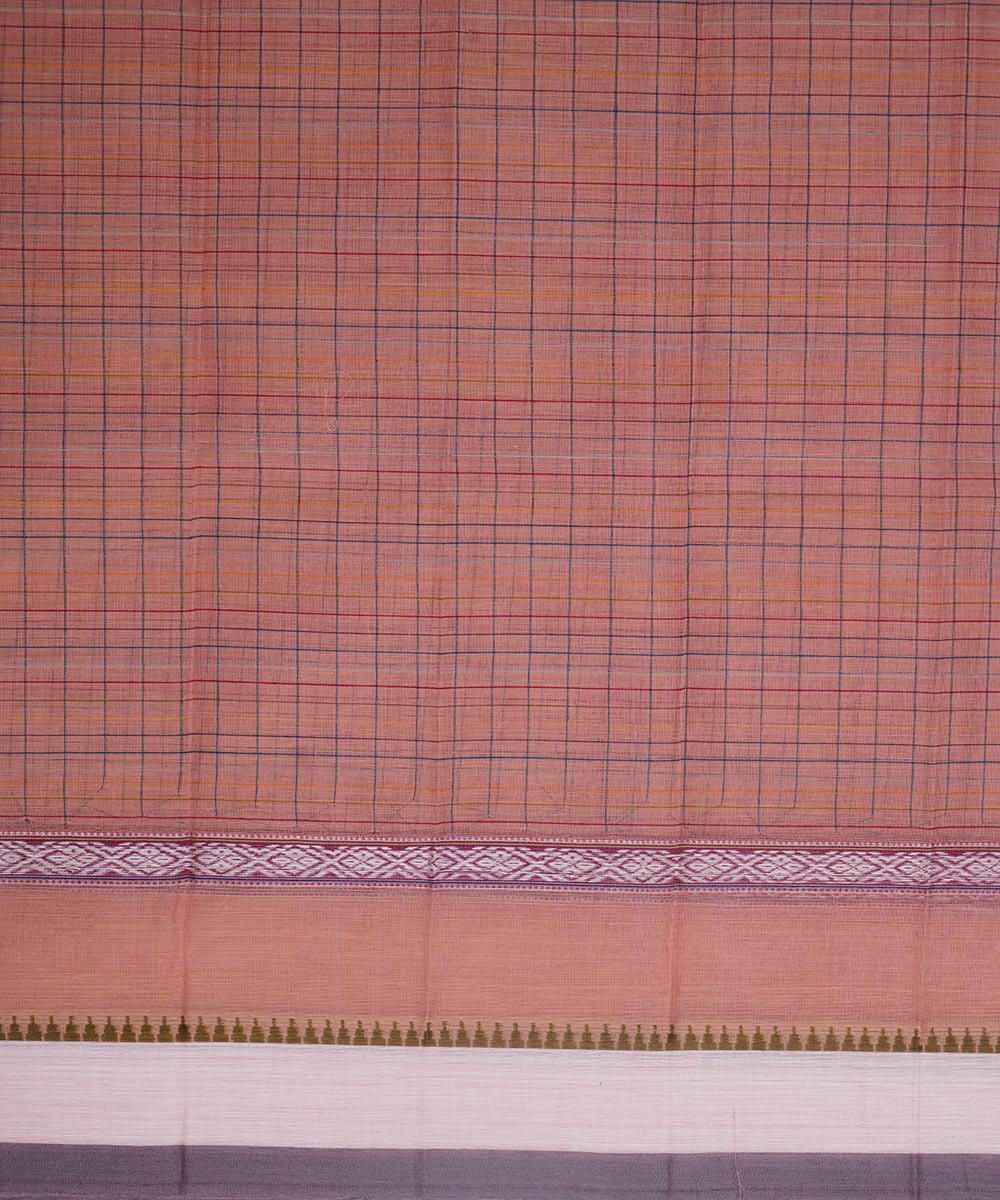 Peach orange checks cotton handwoven narayanapet saree