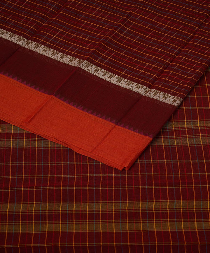 Brown maroon checks cotton handwoven narayanapet saree