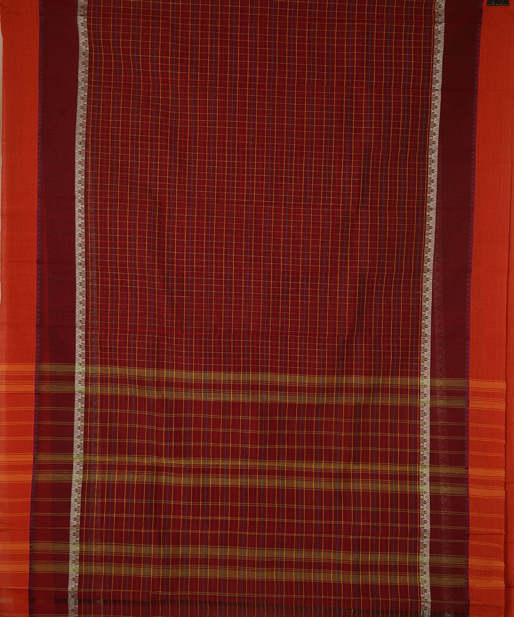 Brown maroon checks cotton handwoven narayanapet saree