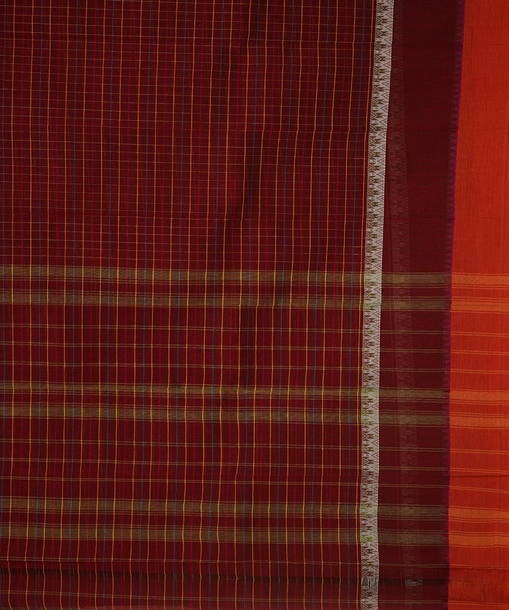 Brown maroon checks cotton handwoven narayanapet saree