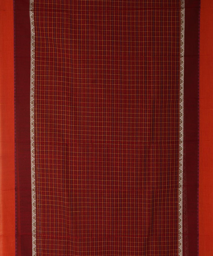 Brown maroon checks cotton handwoven narayanapet saree