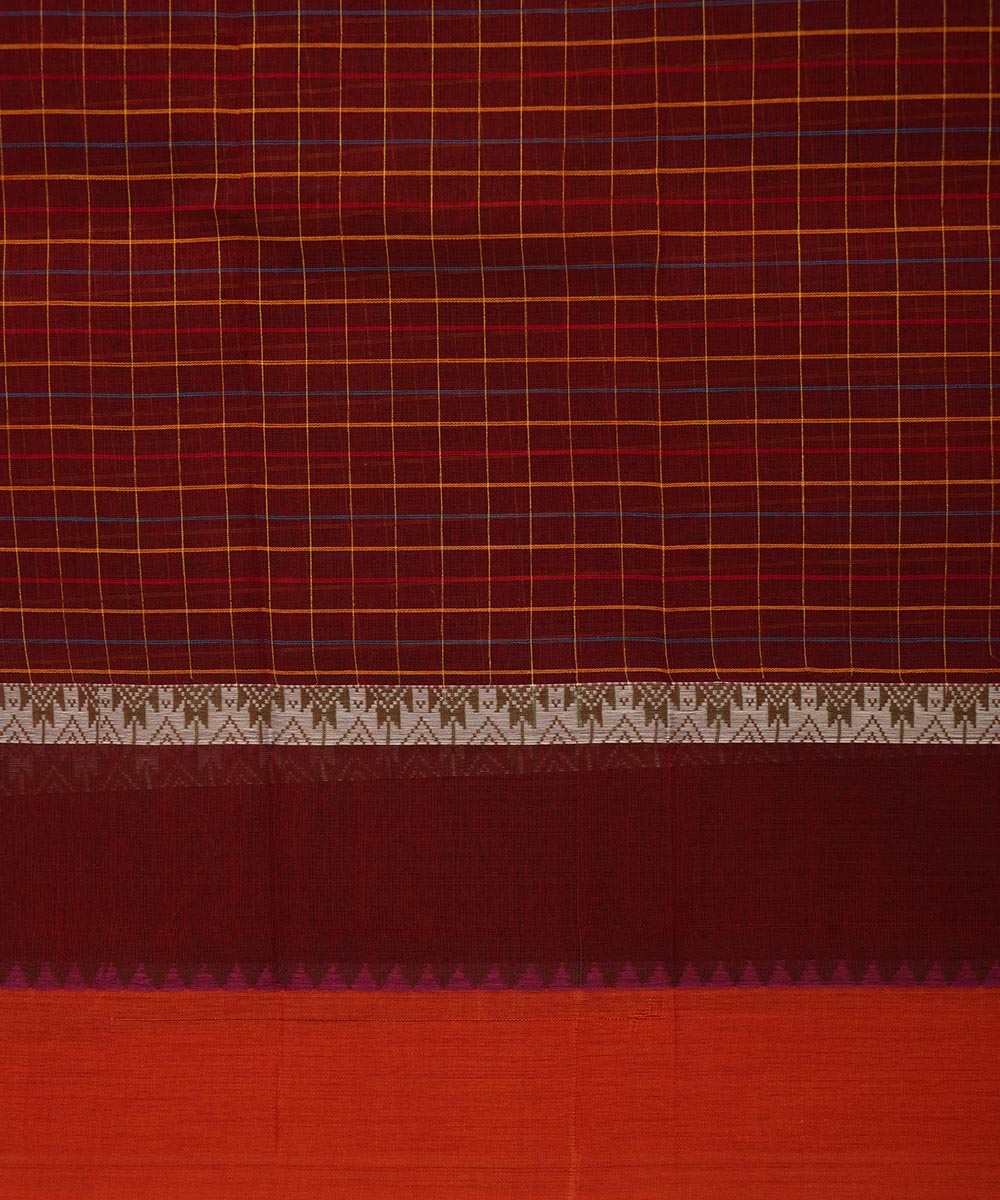 Brown maroon checks cotton handwoven narayanapet saree