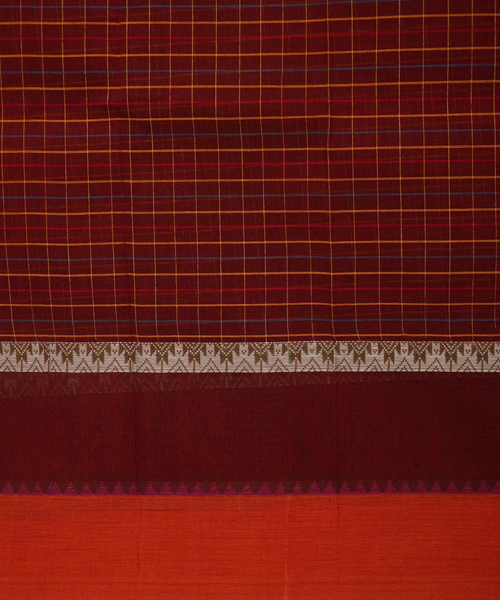 Brown maroon checks cotton handwoven narayanapet saree