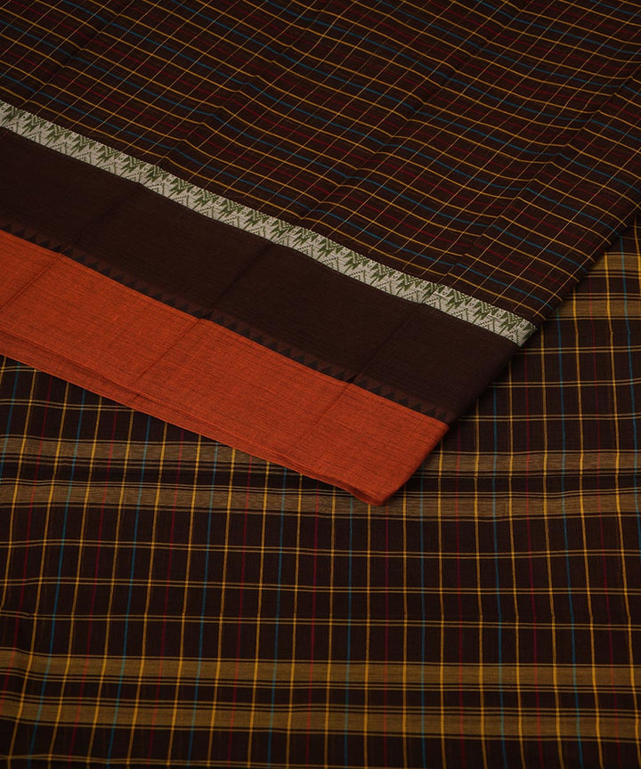 Dark green brown checks cotton handwoven narayanapet saree