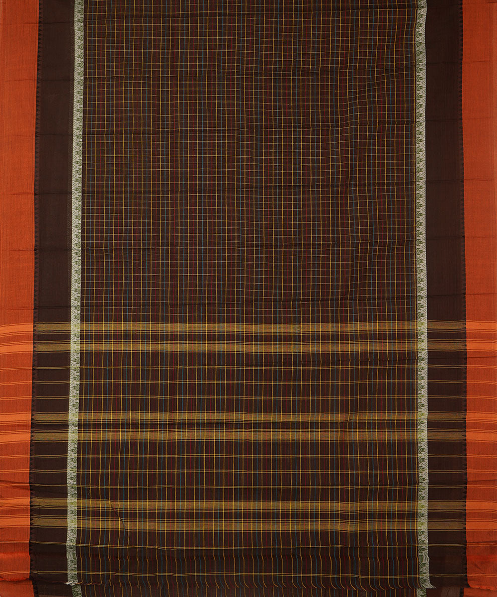 Dark green brown checks cotton handwoven narayanapet saree