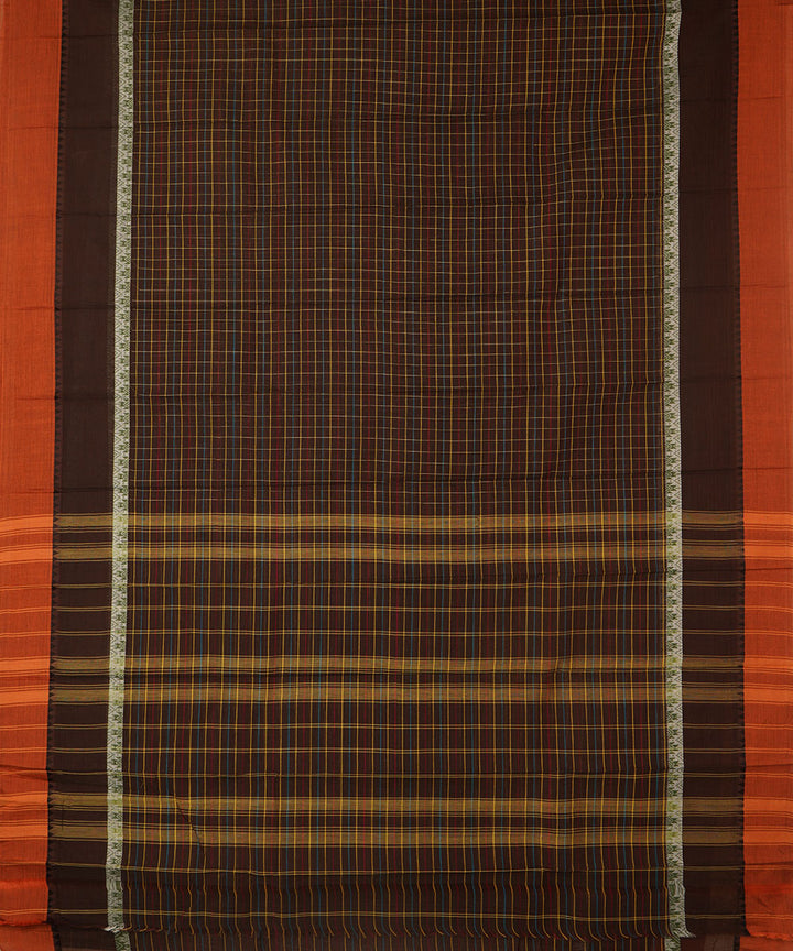 Dark green brown checks cotton handwoven narayanapet saree