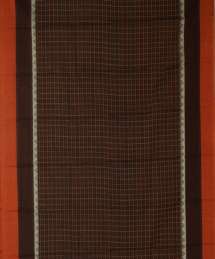 Dark green brown checks cotton handwoven narayanapet saree