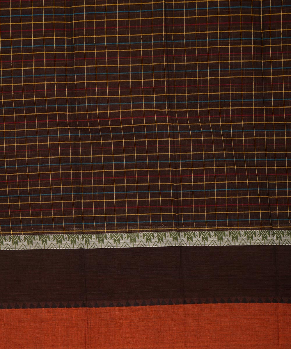 Dark green brown checks cotton handwoven narayanapet saree