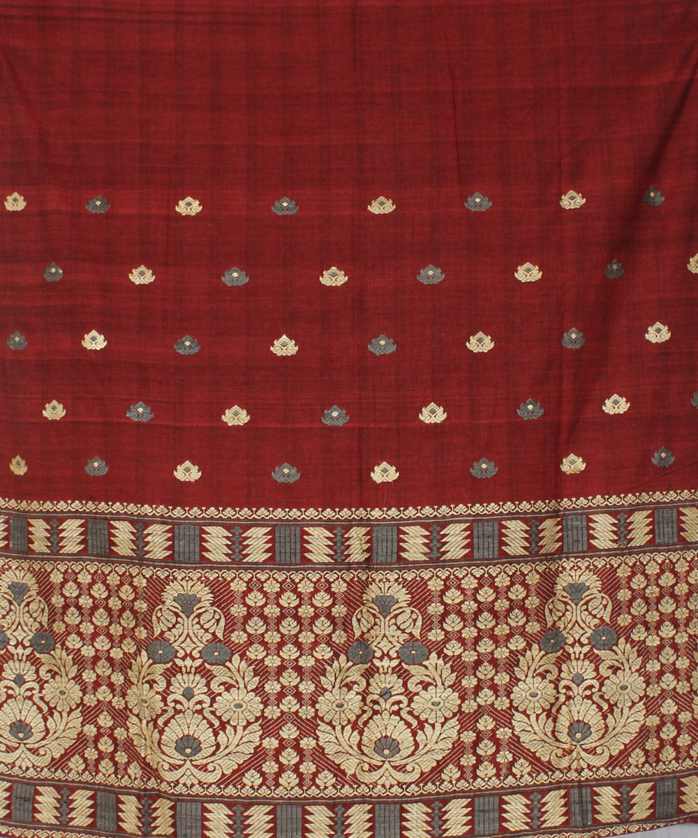 Red cotton with eri and muga silk handwoven assam mekhela chador